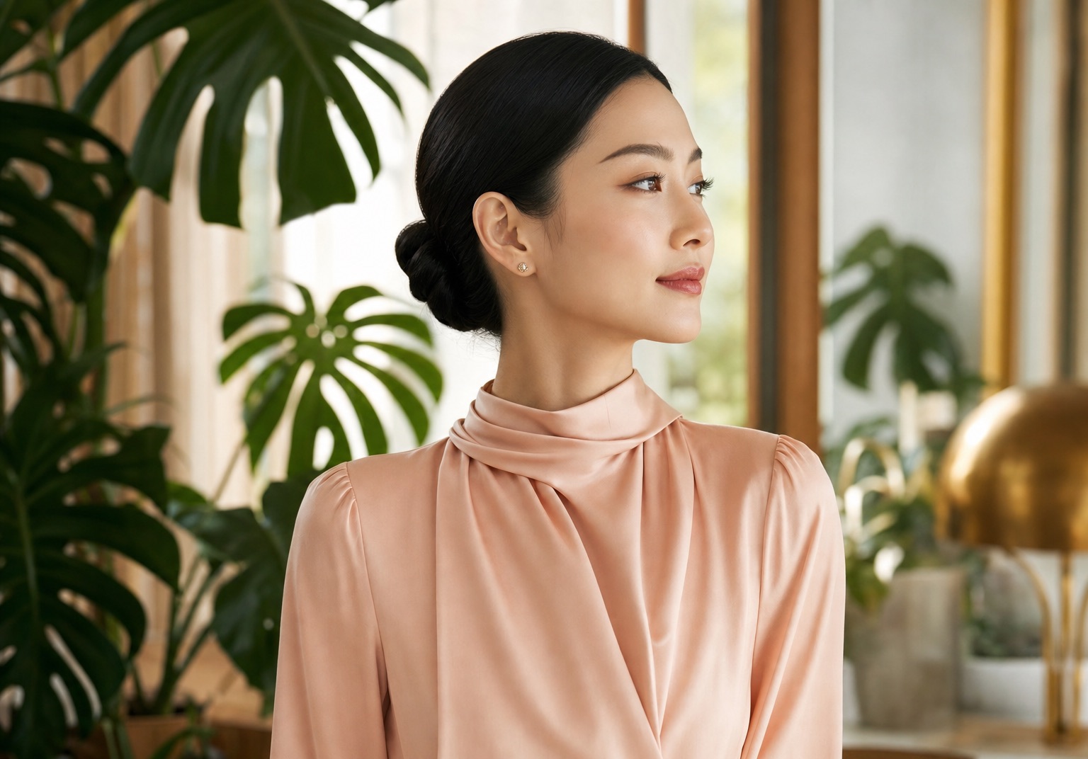 Woman with an elegant updo showing a refined ear and side profile